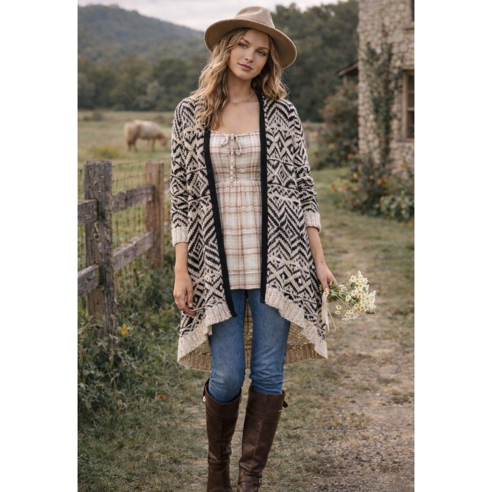 Joe‎ Fresh Boho Charm Knit Cardigan Sweater M Black Ivory Open Front Festival